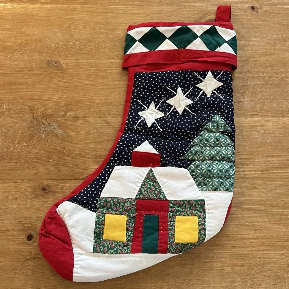 Quilted Christmas Stocking Patchwork Cottage Stars Farmhouse Holiday Decor